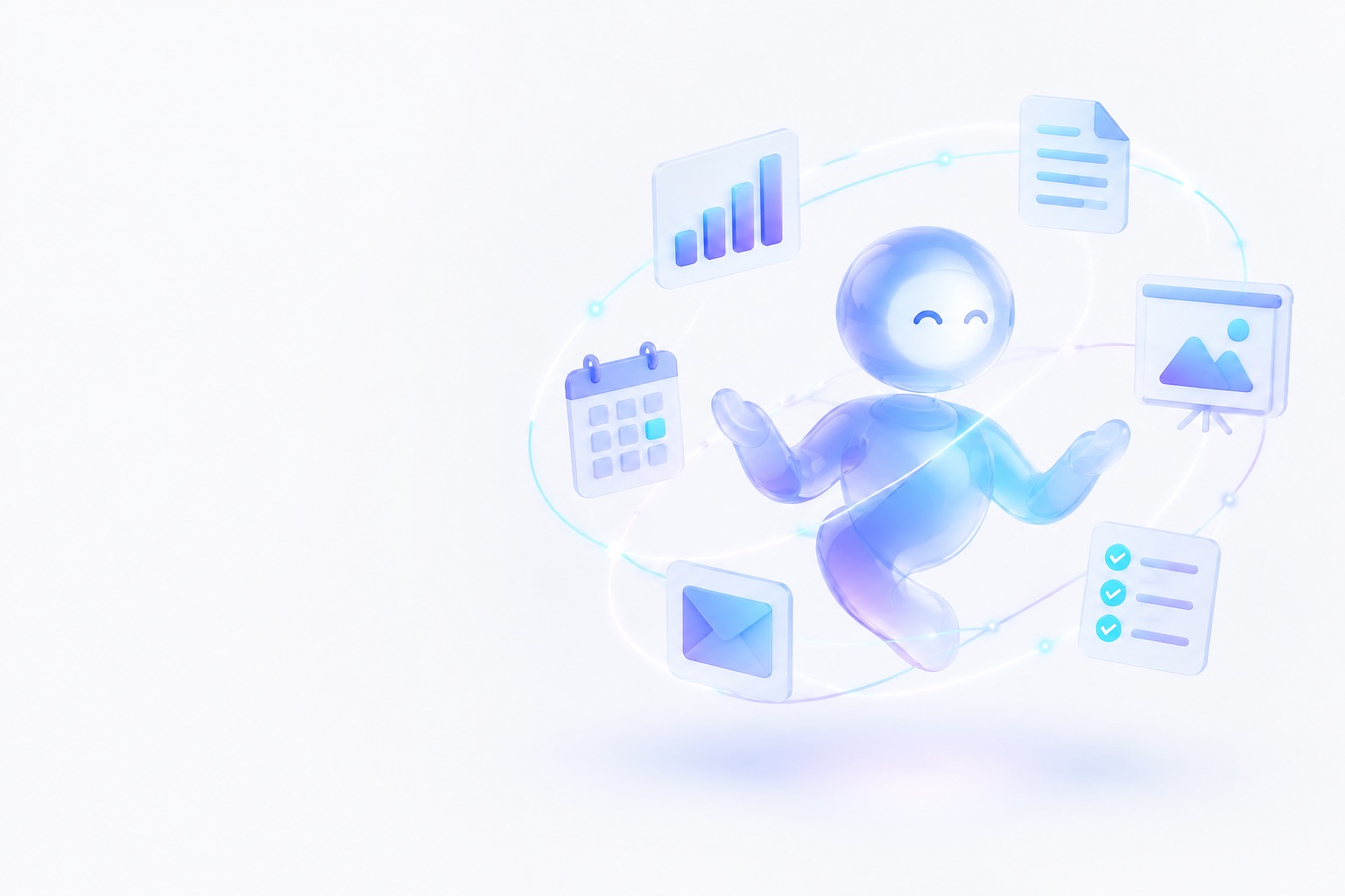 A friendly AI digital coworker orchestrating charts, documents, slides, a calendar, email and a checklist