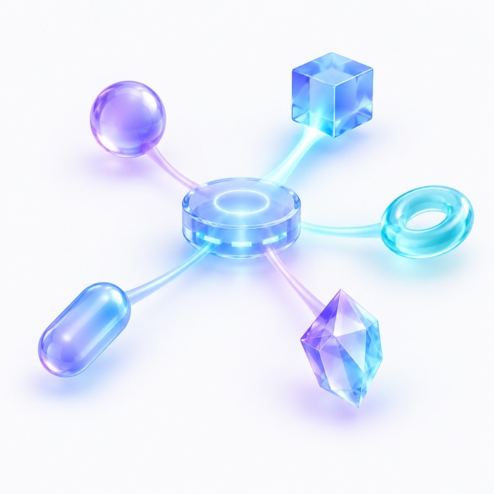 A central router node sending light to several distinct AI model orbs