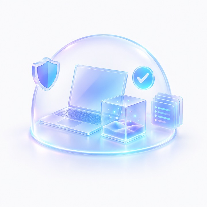 A laptop inside a protective dome with a sandbox, a shield, an approval check and audit logs